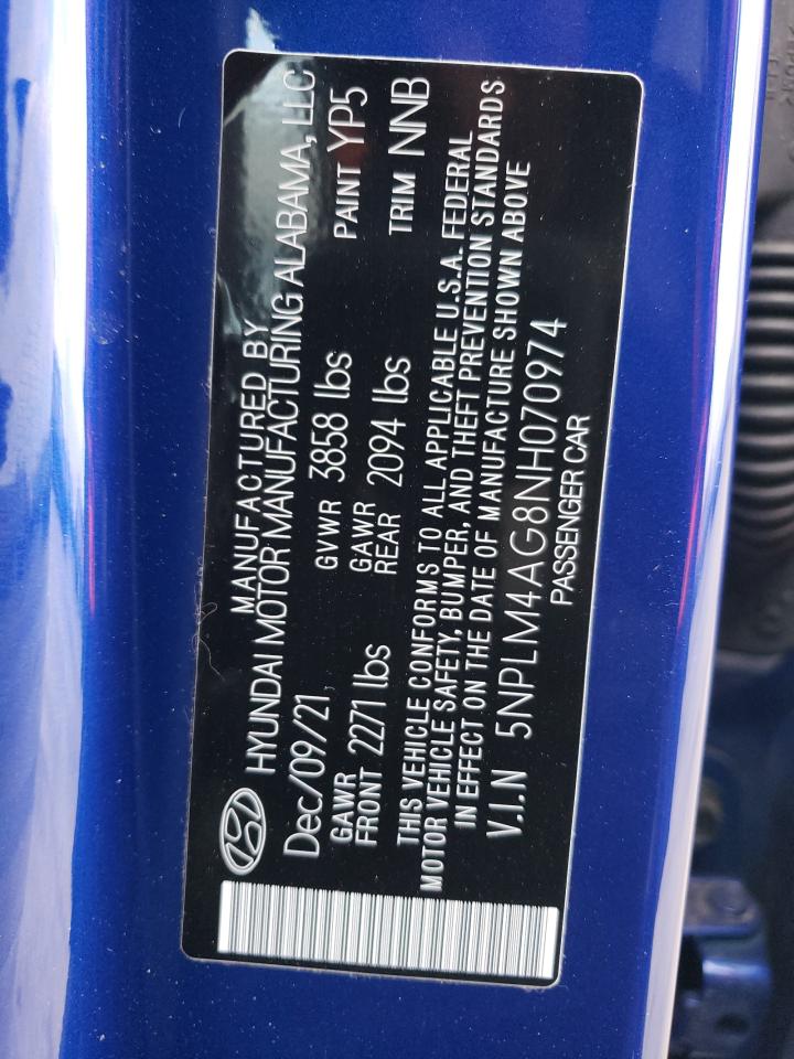 2022 HYUNDAI ELANTRA SEL VIN:5NPLM4AG8NH070974