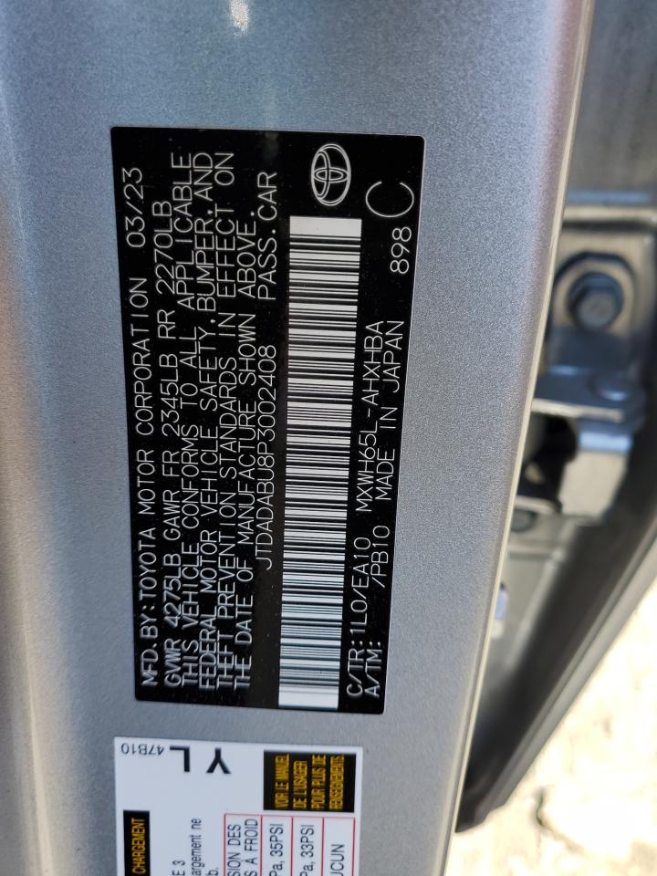 2023 TOYOTA PRIUS LE VIN:JTDADABU8P3002408