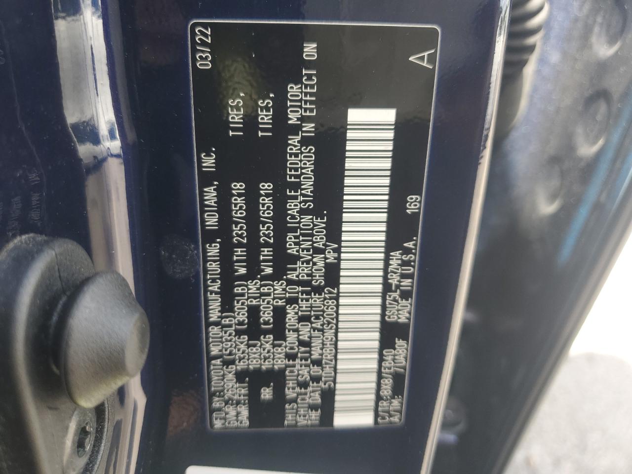 2022 TOYOTA HIGHLANDER XLE VIN:5TDHZRBH9NS206812