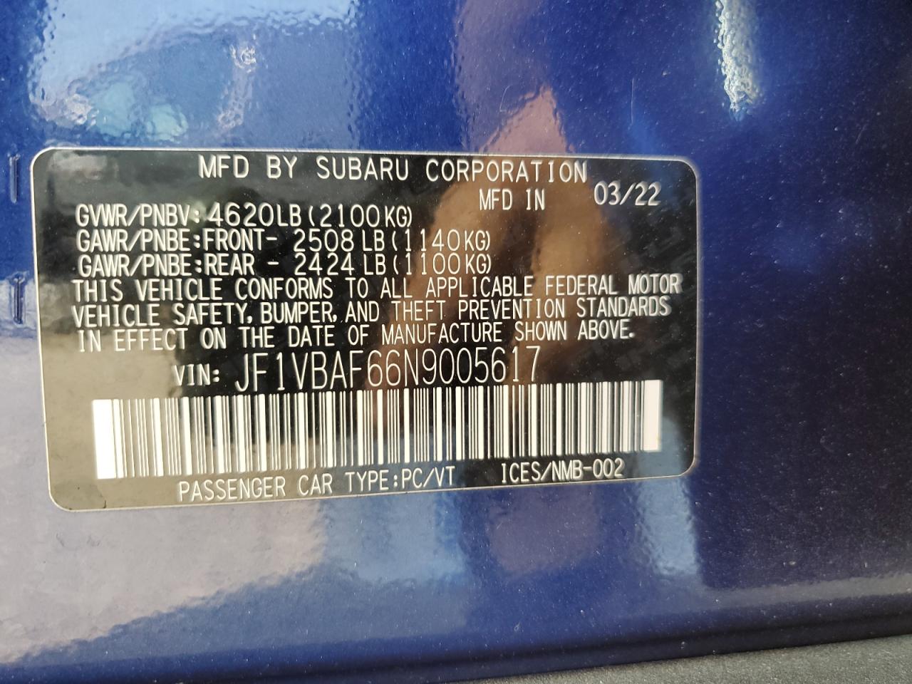 2022 SUBARU WRX PREMIUM VIN:JF1VBAF66N9005617