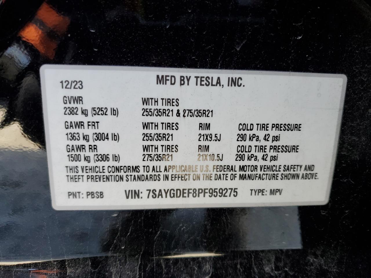 2023 TESLA MODEL Y  VIN:7SAYGDEF8PF959275