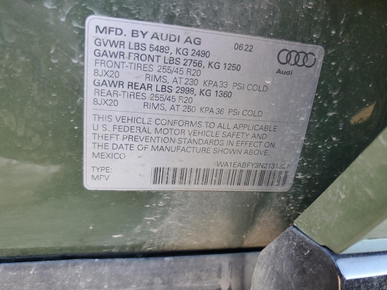 2022 AUDI Q5 PREMIUM PLUS 45 VIN:WA1EABFY3N2131327