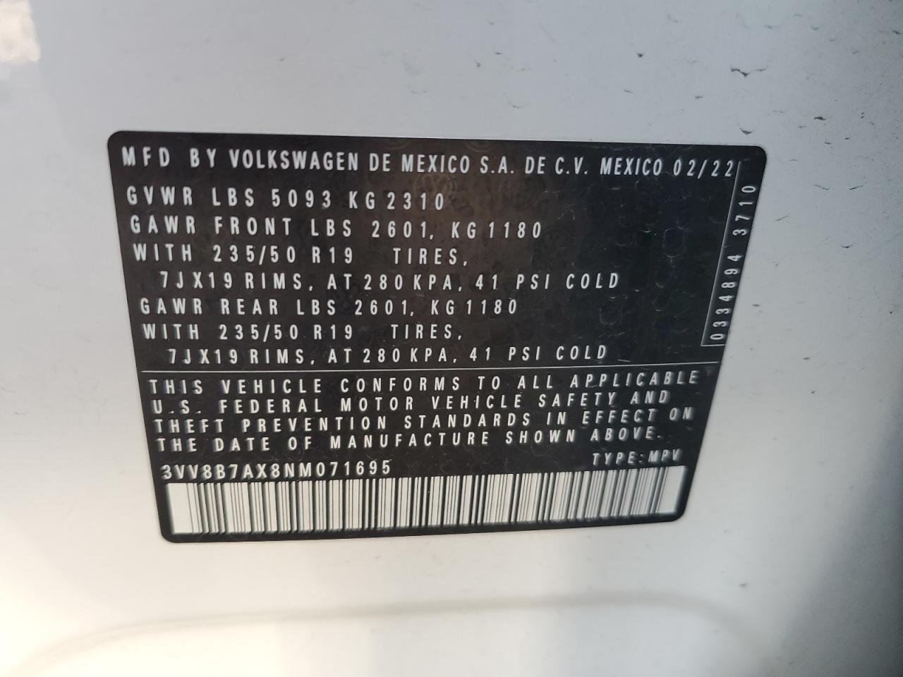 2022 VOLKSWAGEN TIGUAN SE R-LINE BLACK VIN:3VV8B7AX8NM071695