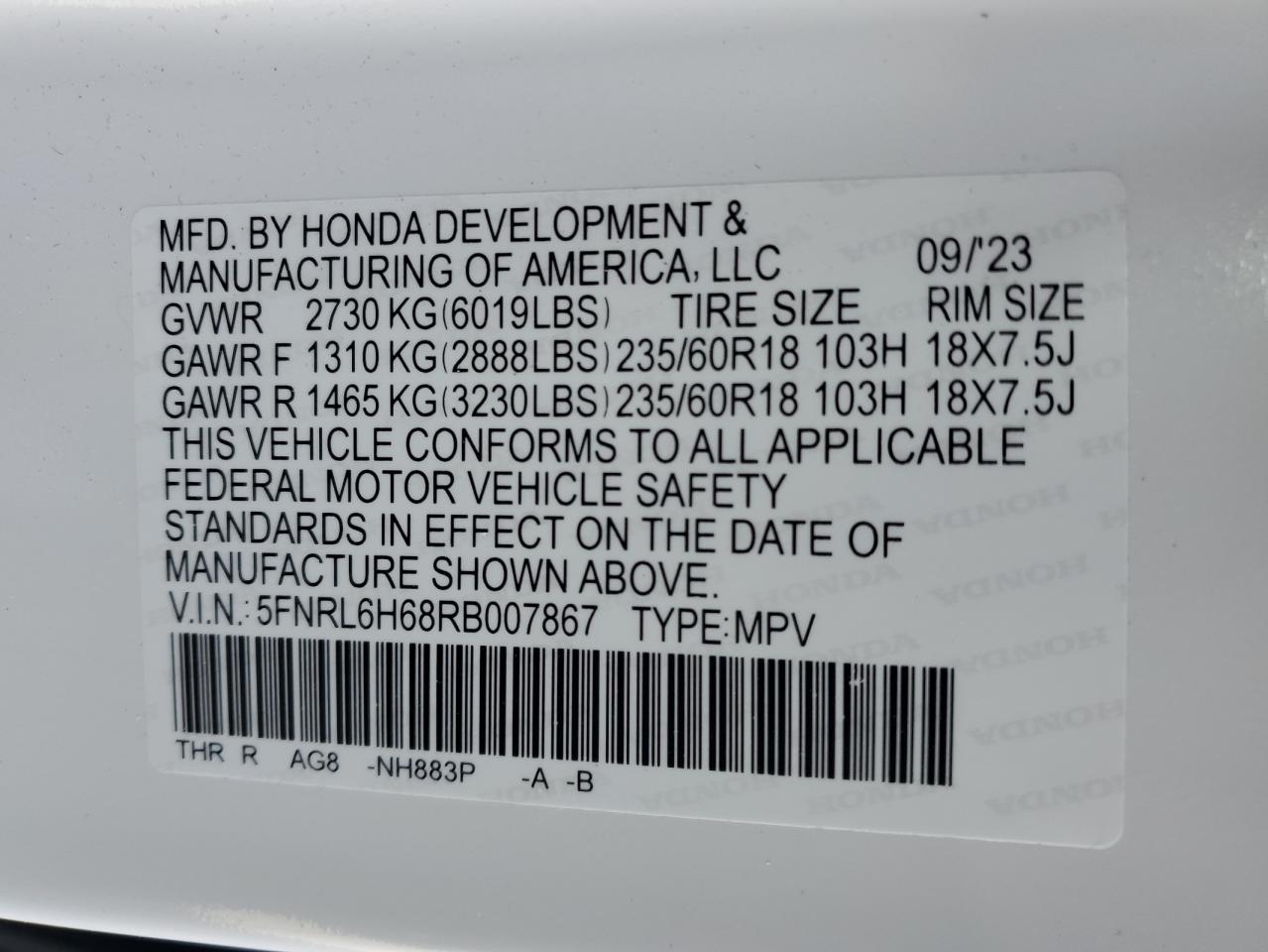 2024 HONDA ODYSSEY EXL VIN:5FNRL6H68RB007867