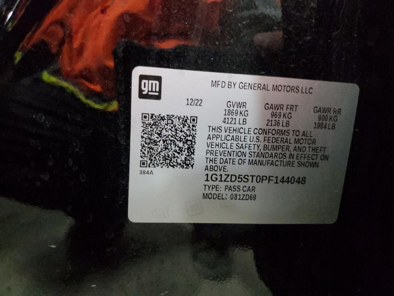 2023 CHEVROLET MALIBU LT VIN:1G1ZD5ST0PF144048