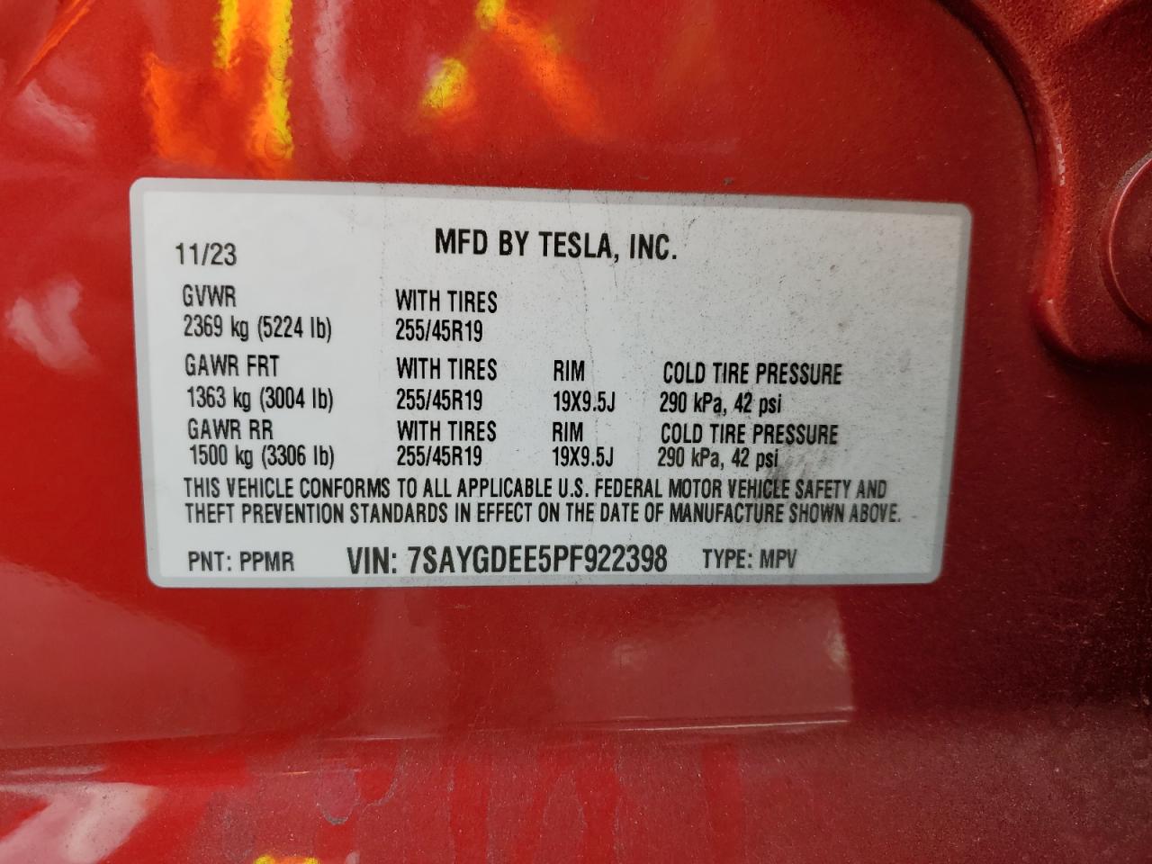 2023 TESLA MODEL Y  VIN:7SAYGDEE5PF922398