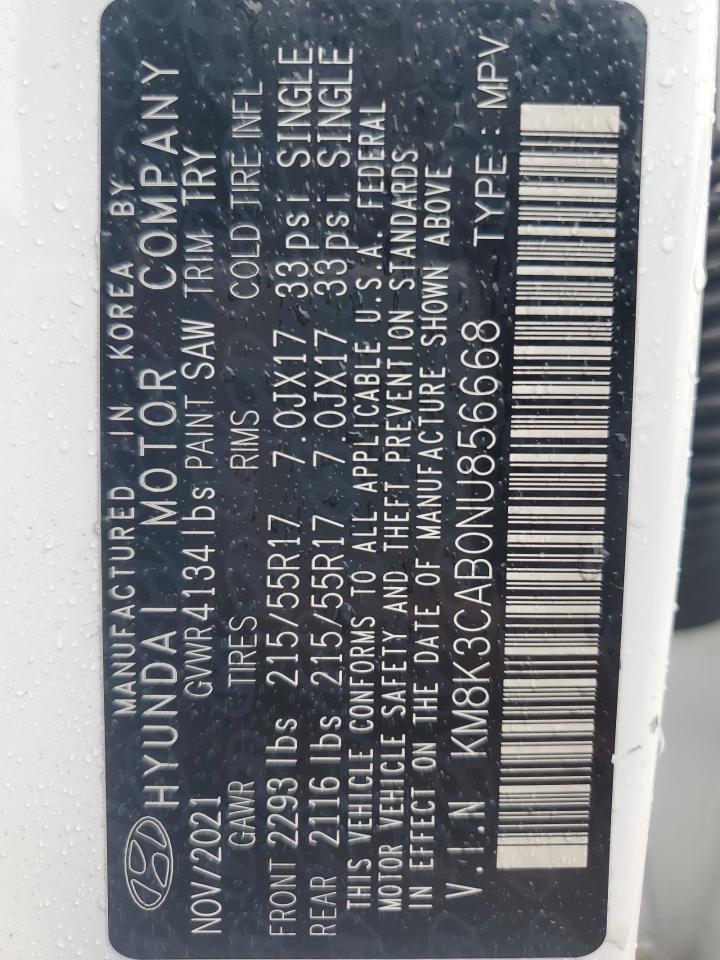 2022 HYUNDAI KONA SEL VIN:KM8K3CAB0NU856668