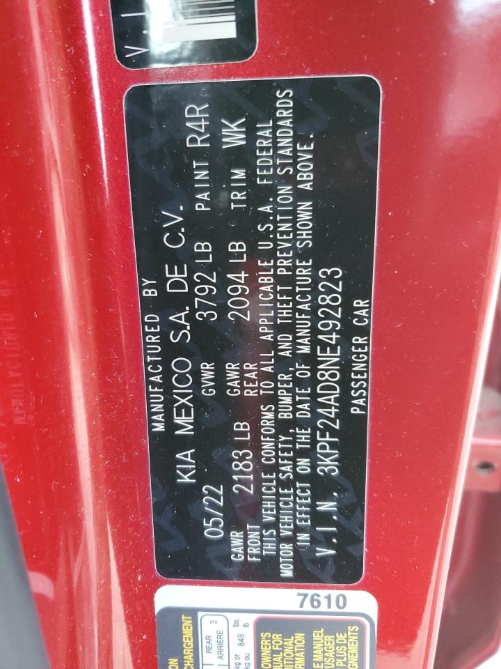2022 KIA FORTE FE VIN:3KPF24AD8NE492823