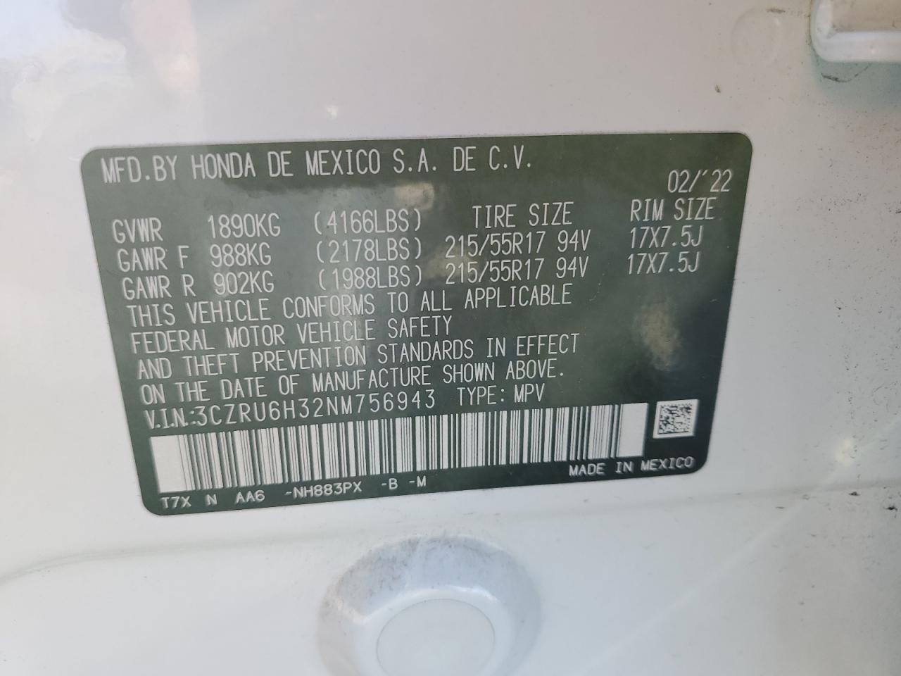 2022 HONDA HR-V LX VIN:3CZRU6H32NM756943