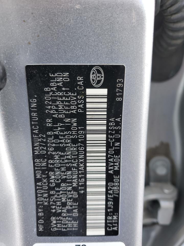 2022 TOYOTA CAMRY SE VIN:4T1G11AKXNU671091