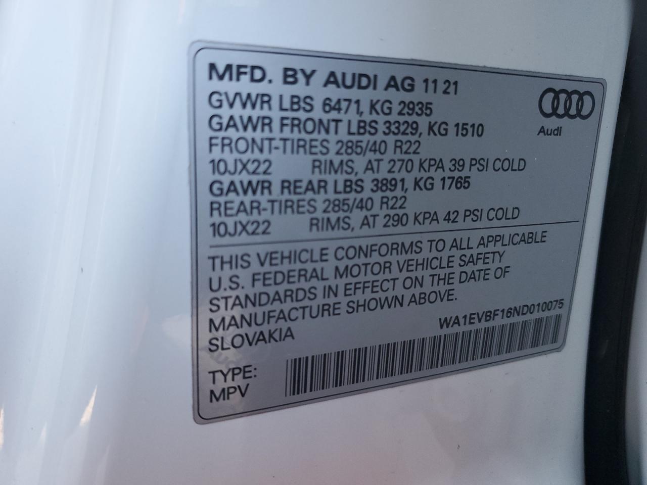 2022 AUDI Q8 PREMIUM PLUS S-LINE VIN:WA1EVBF16ND010075