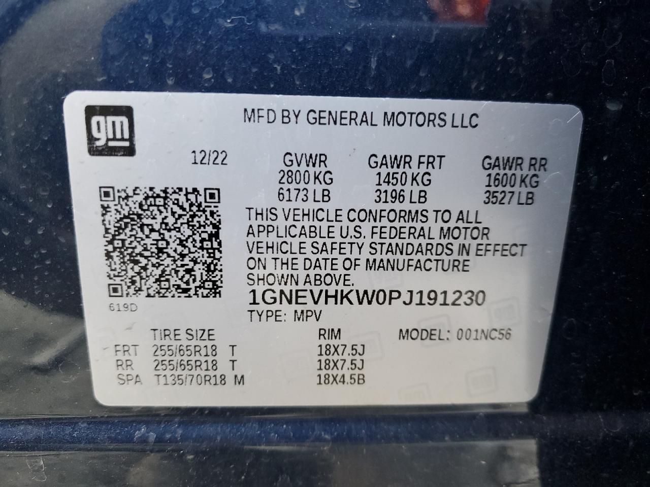 2023 CHEVROLET TRAVERSE LT VIN:1GNEVHKW0PJ191230