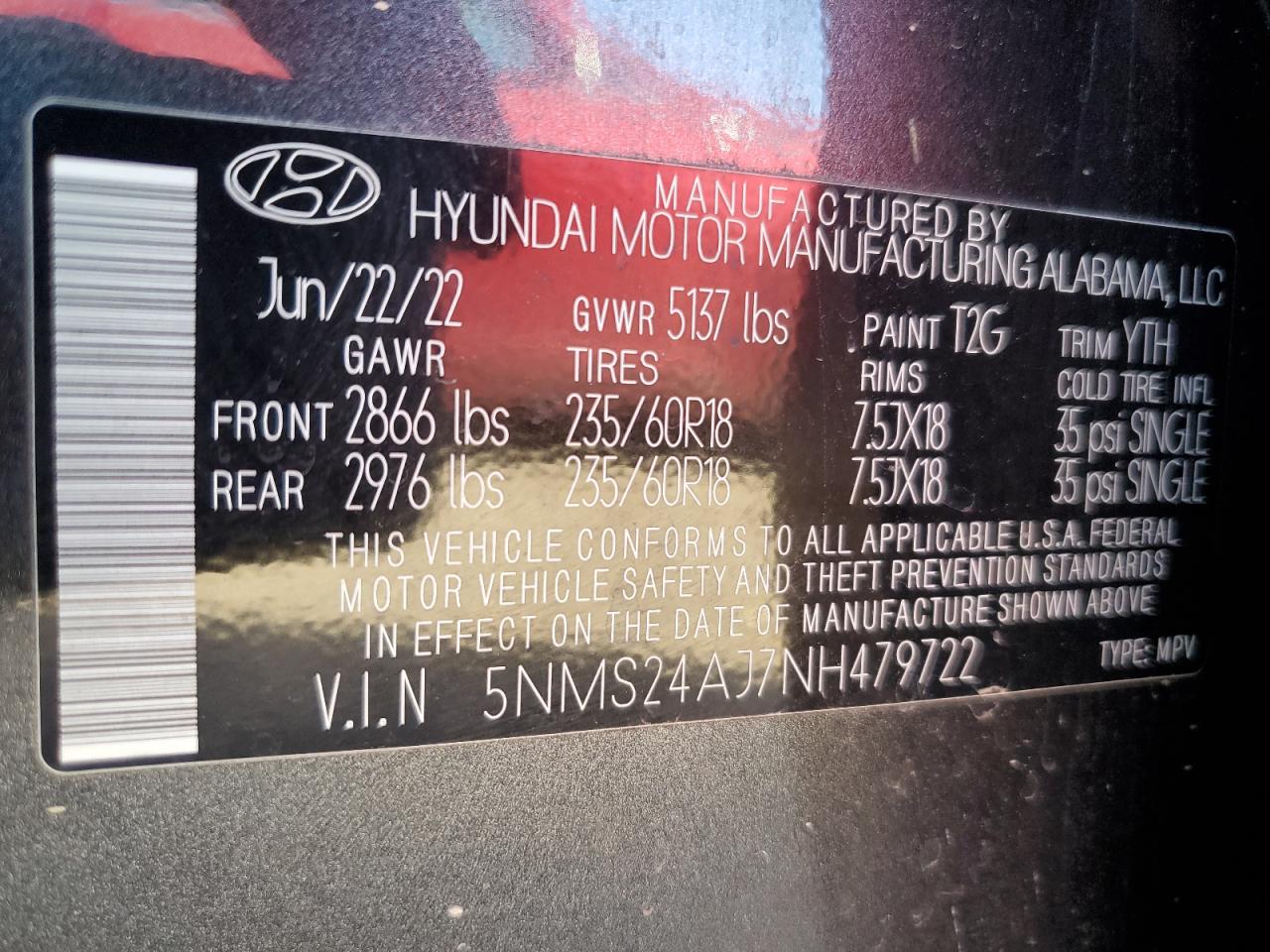 2022 HYUNDAI SANTA FE SEL VIN:5NMS24AJ7NH479722