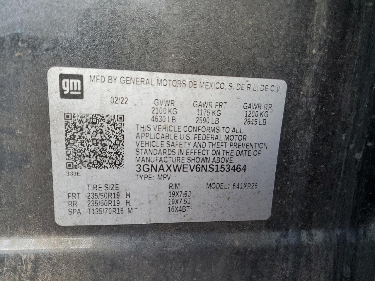 2022 CHEVROLET EQUINOX RS VIN:3GNAXWEV6NS153464