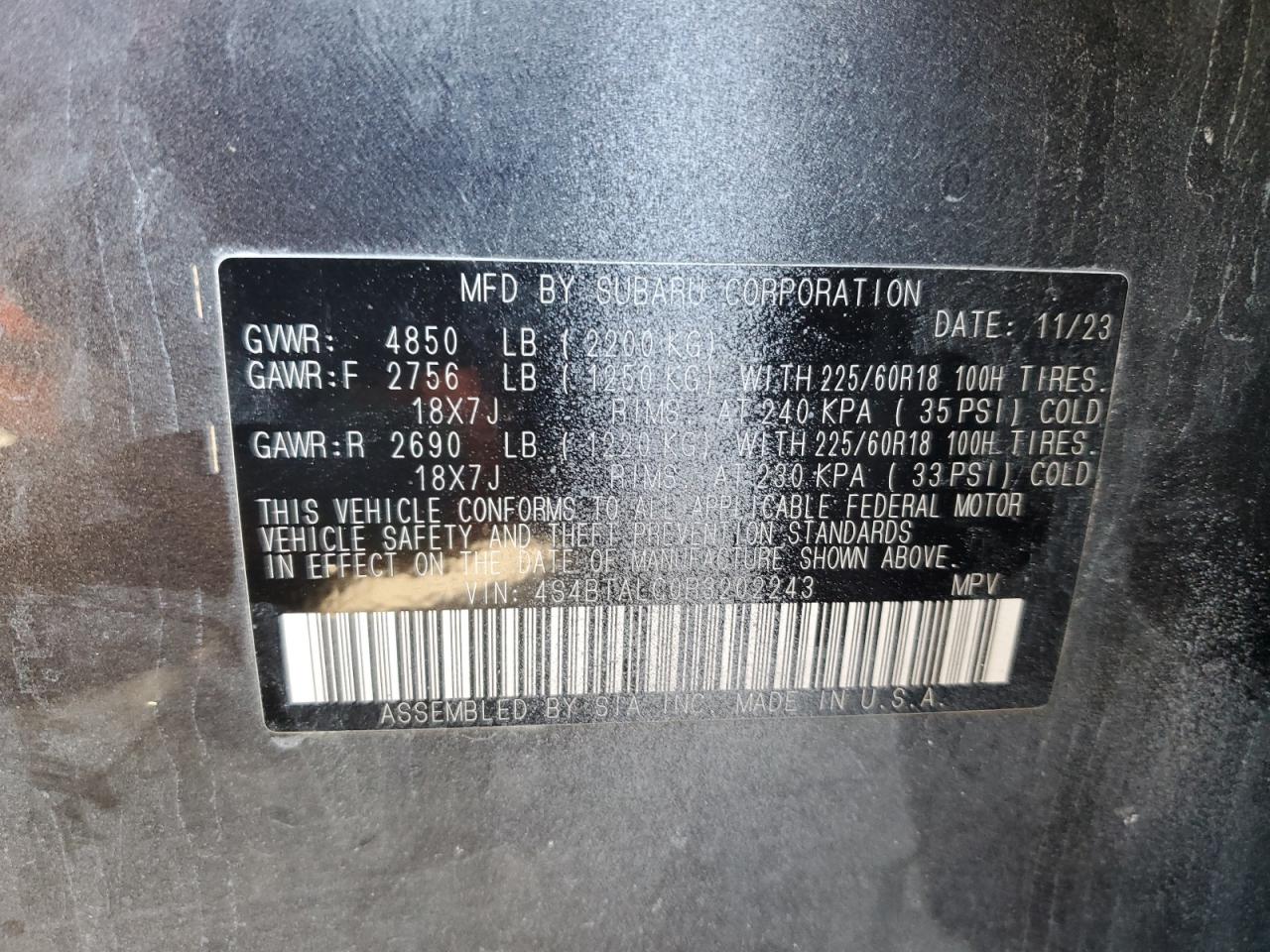 2024 SUBARU OUTBACK ONYX EDITION VIN:4S4BTALC0R3202243