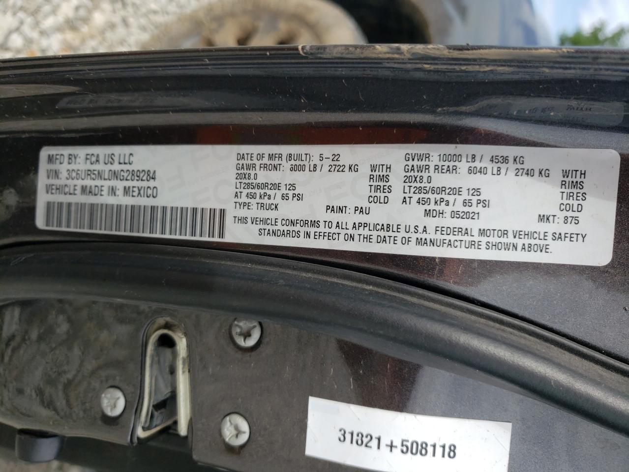 2022 RAM 2500 LARAMIE VIN:3C6UR5NL0NG289284