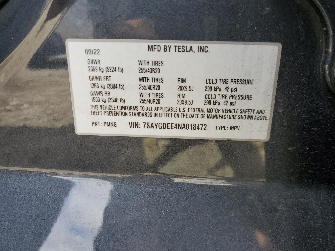 2022 TESLA MODEL Y  VIN:7SAYGDEE4NA018472