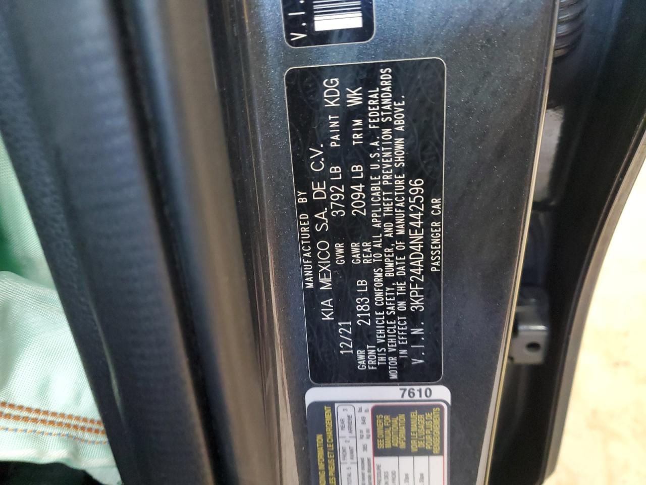 2022 KIA FORTE FE VIN:3KPF24AD4NE442596