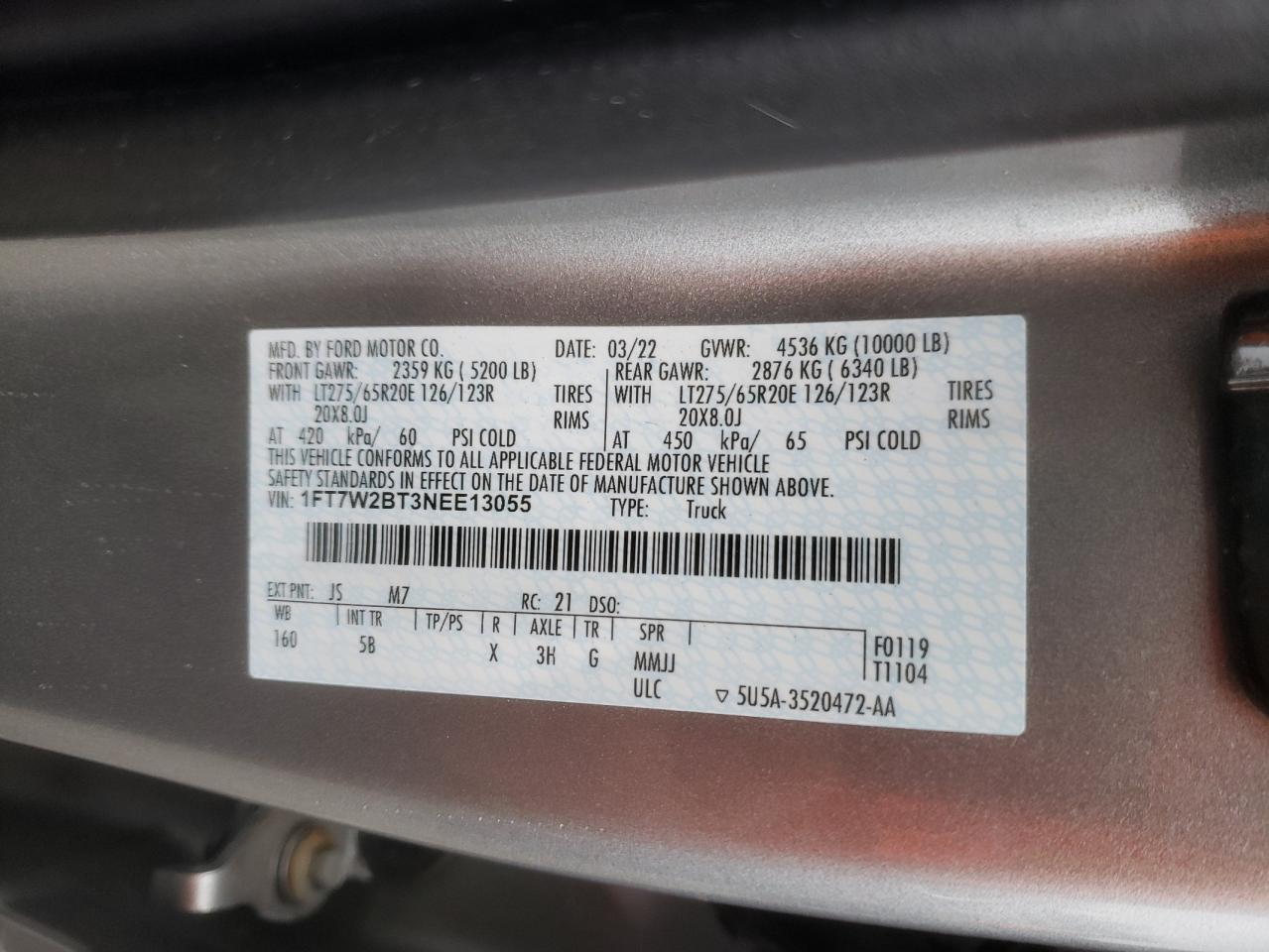 2022 FORD F250 SUPER DUTY VIN:1FT7W2BT3NEE13055