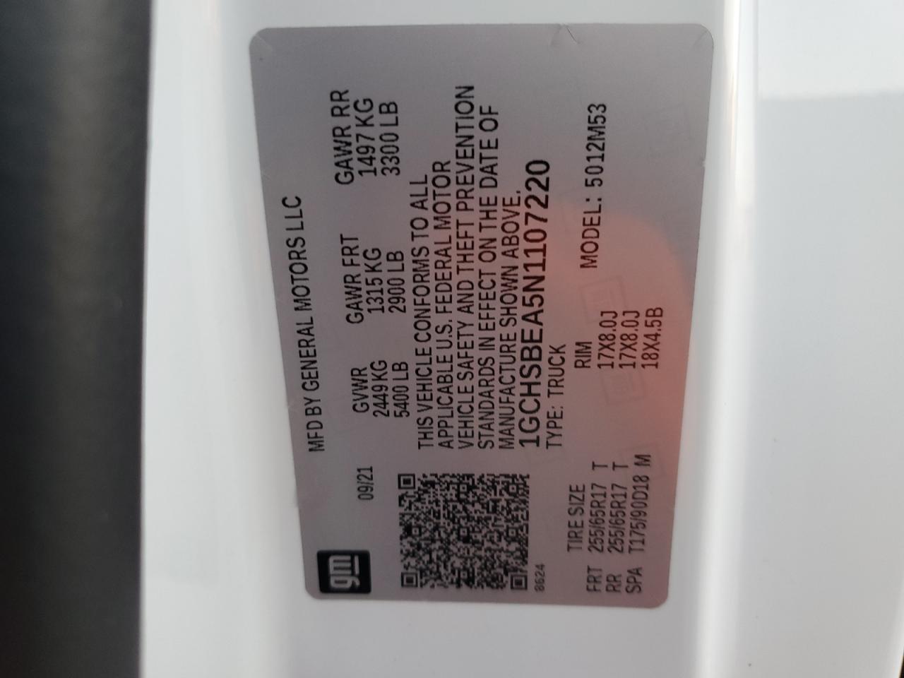 2022 CHEVROLET COLORADO  VIN:1GCHSBEA5N1107220