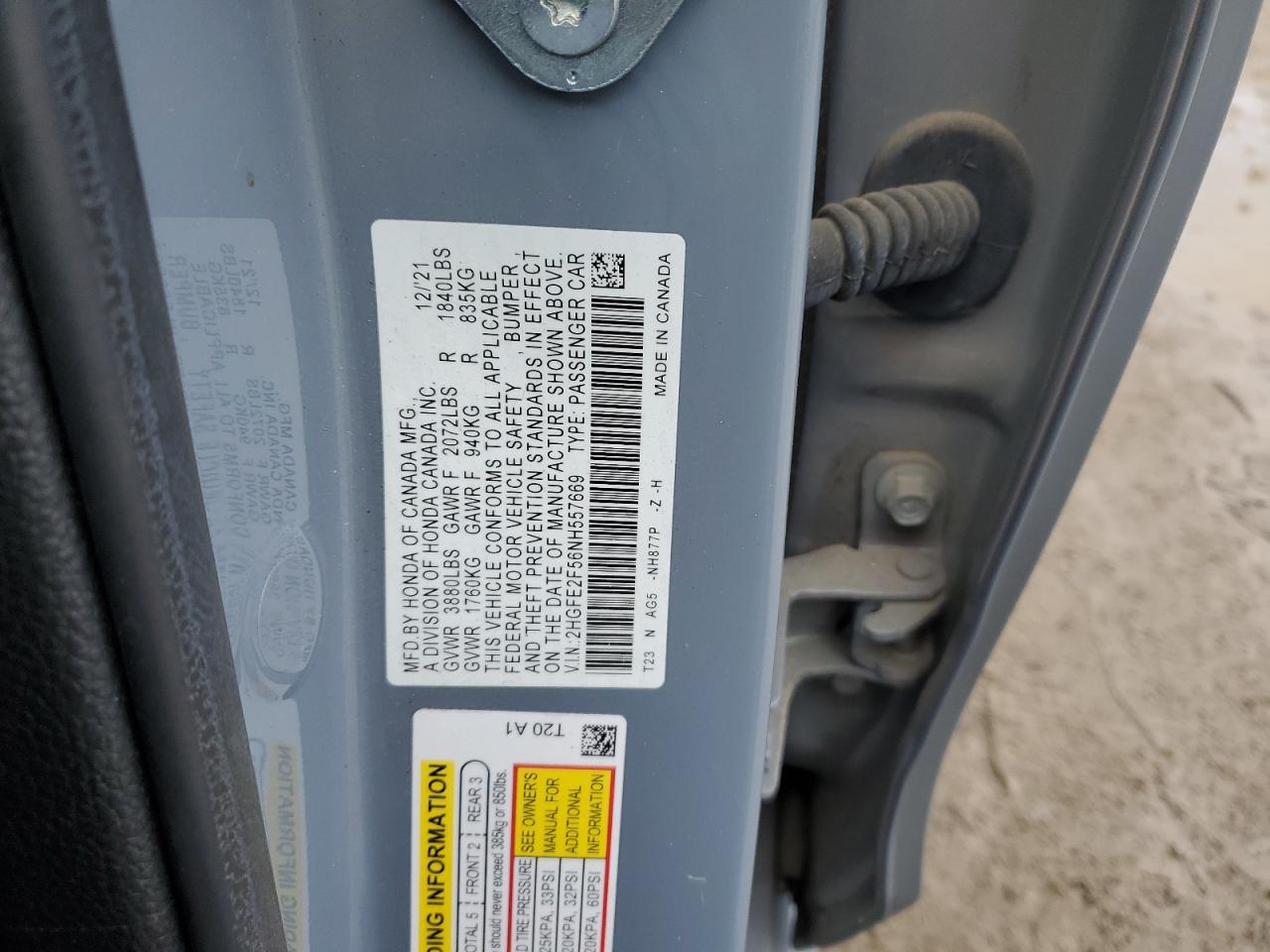 2022 HONDA CIVIC SPORT VIN:2HGFE2F56NH557669