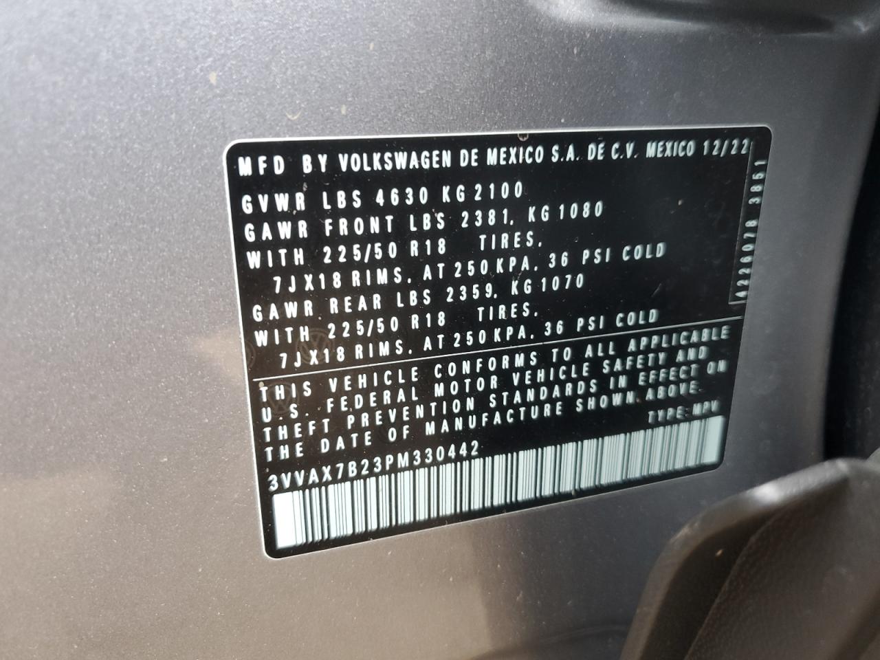 2023 VOLKSWAGEN TAOS S VIN:3VVAX7B23PM330442