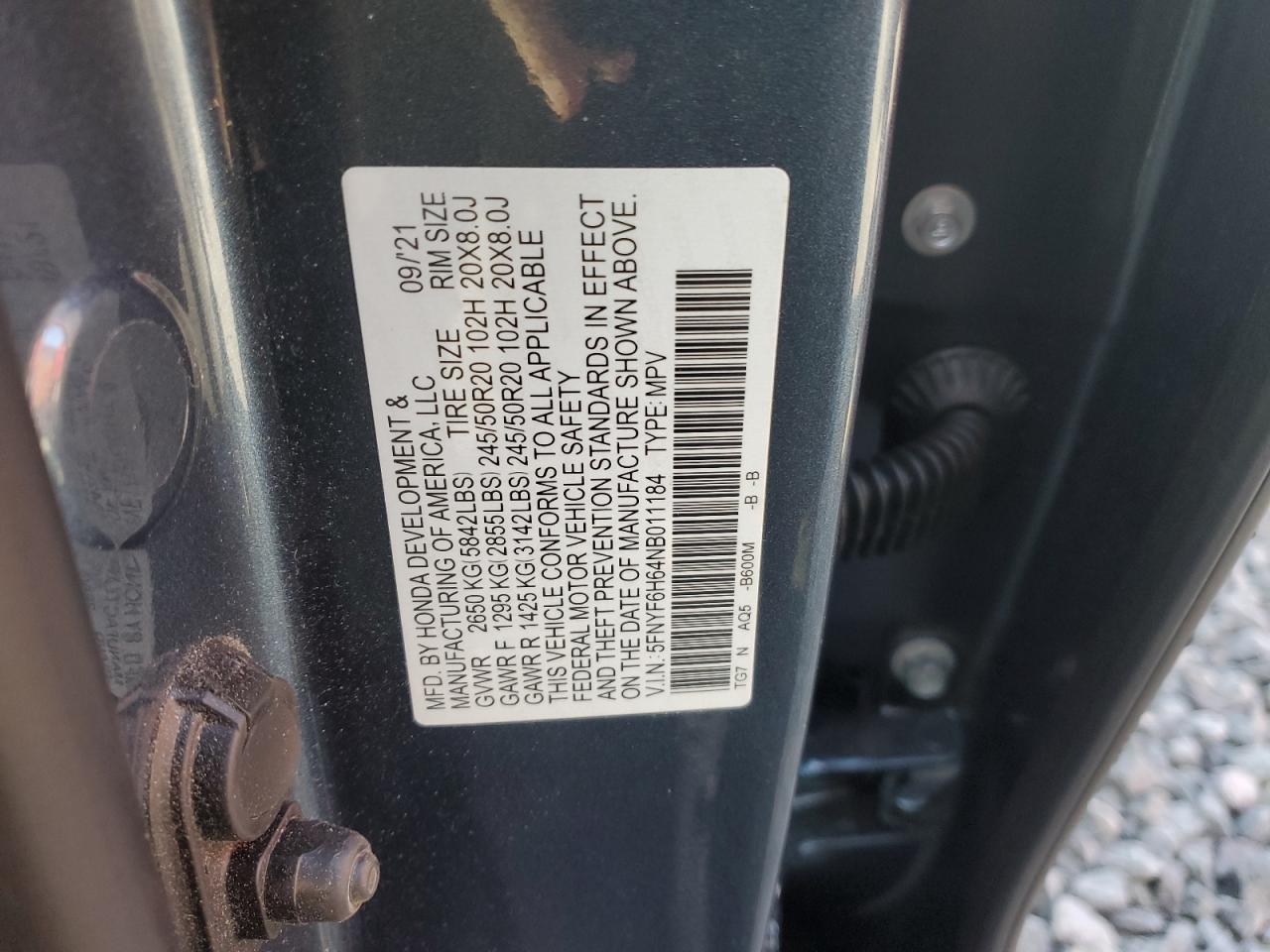 2022 HONDA PILOT TOURING VIN:5FNYF6H64NB011184