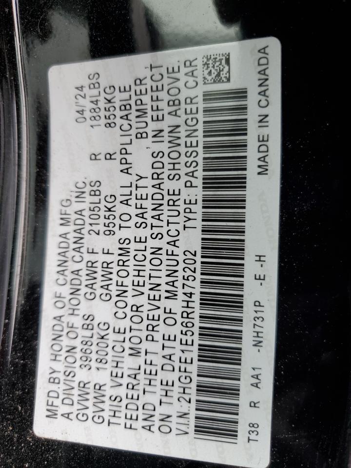 2024 HONDA CIVIC SI VIN:2HGFE1E56RH475202