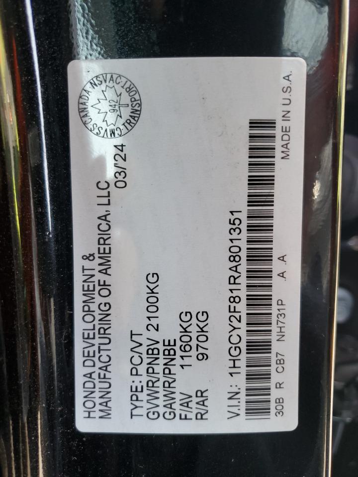 2024 HONDA ACCORD TOURING HYBRID VIN:1HGCY2F81RA801351