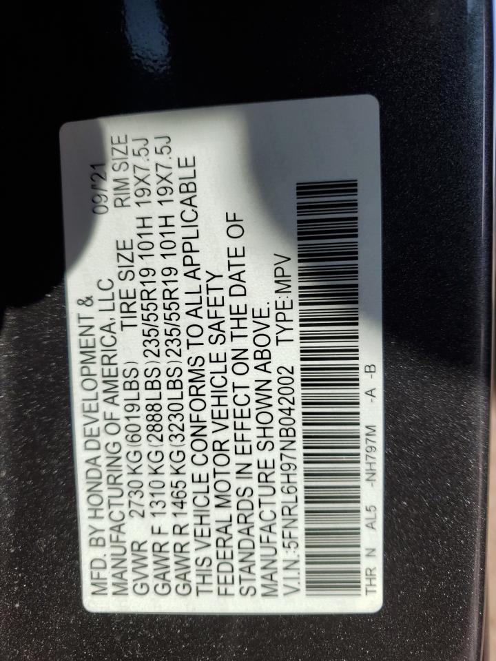 2022 HONDA ODYSSEY ELITE VIN:5FNRL6H97NB042002