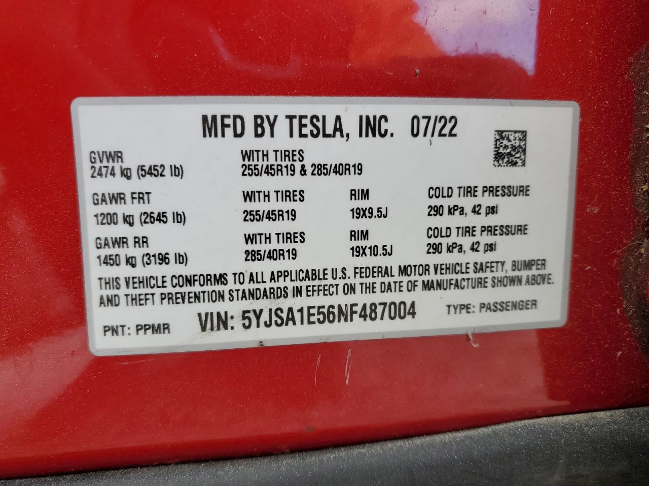 2022 TESLA MODEL S  VIN:5YJSA1E56NF487004
