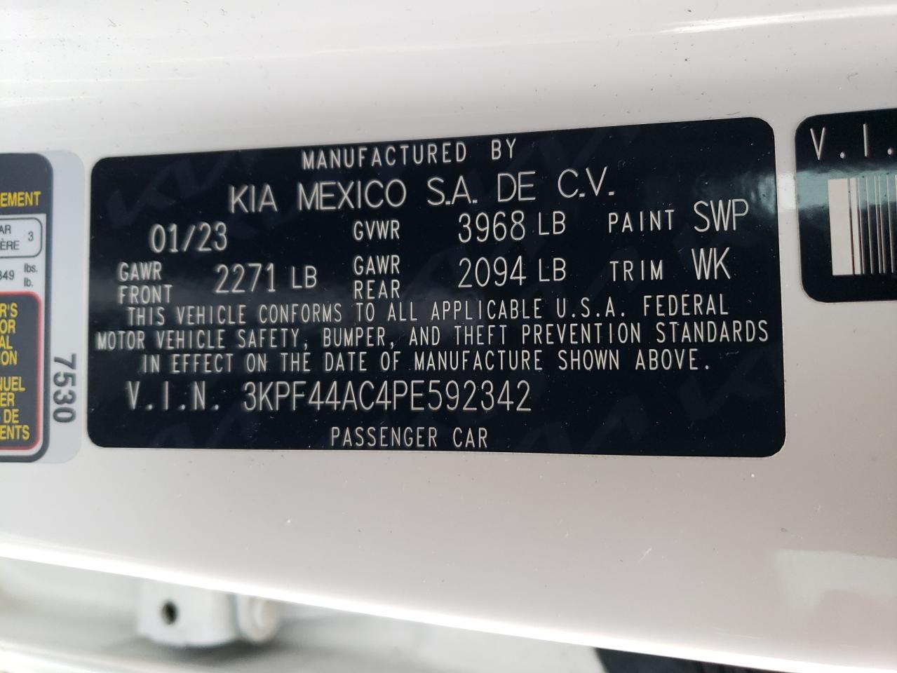 2023 KIA FORTE GT VIN:3KPF44AC4PE592342