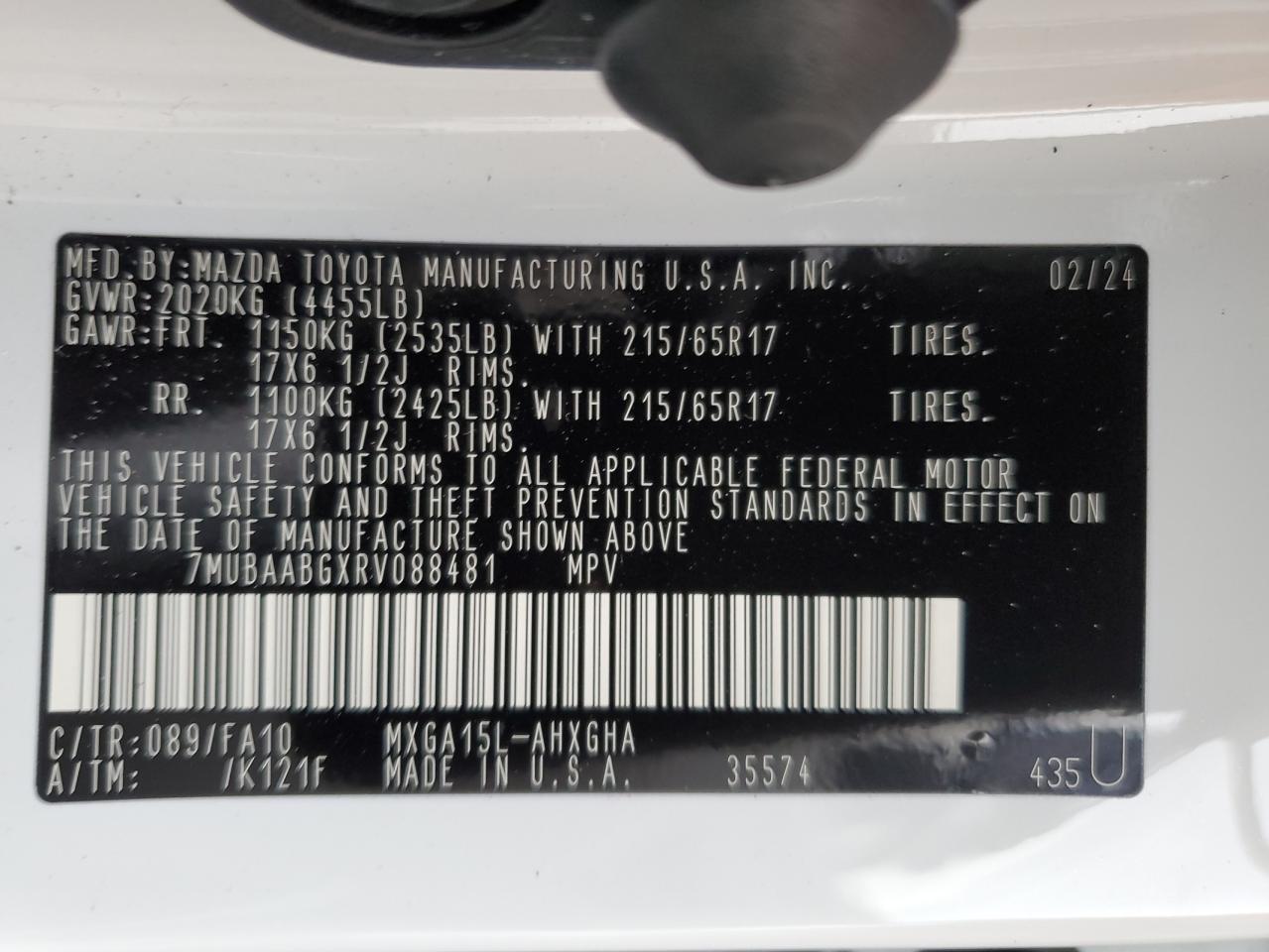 2024 TOYOTA COROLLA CROSS LE VIN:7MUBAABGXRV088481