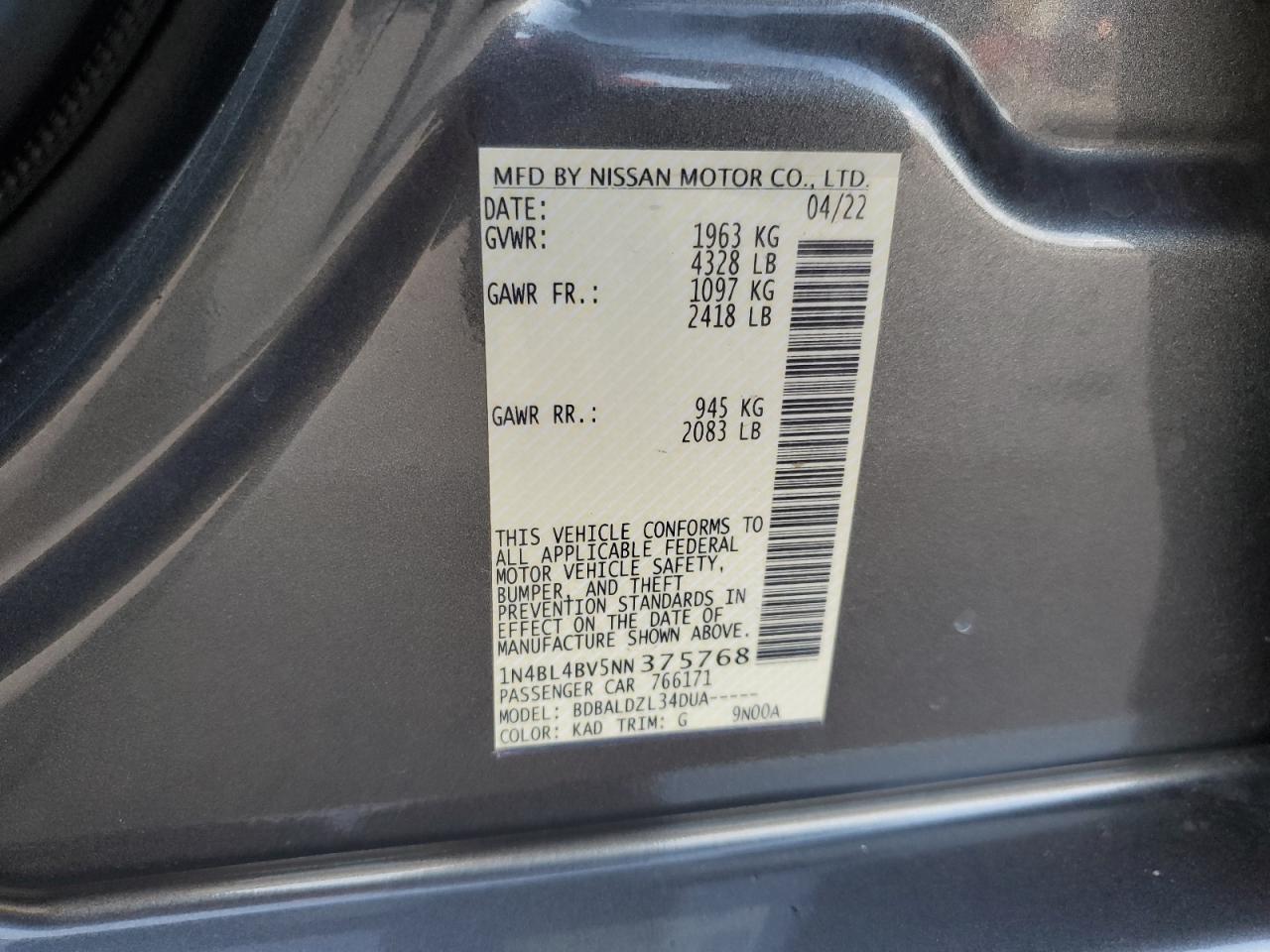 2022 NISSAN ALTIMA S VIN:1N4BL4BV5NN375768