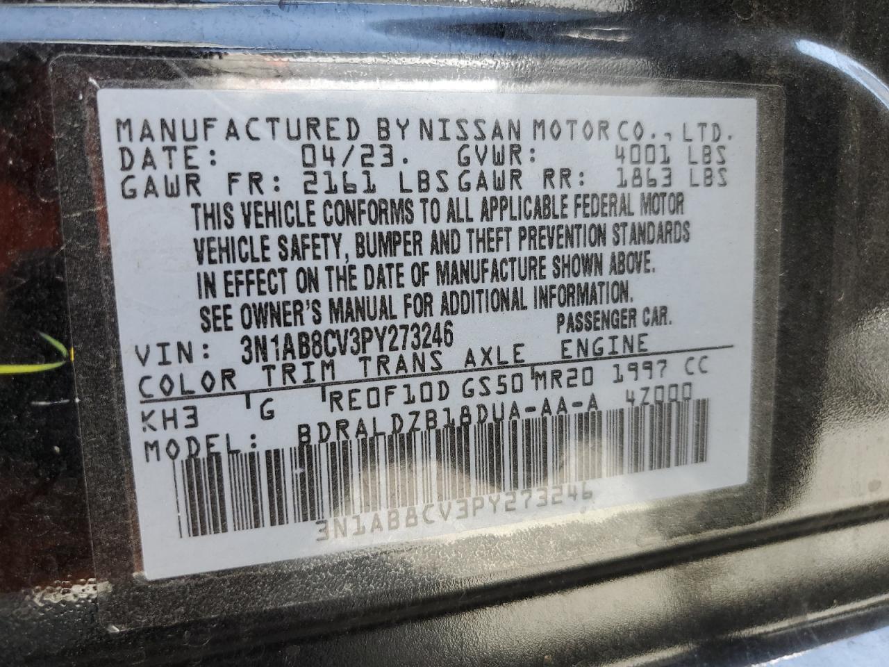 2023 NISSAN SENTRA SV VIN:3N1AB8CV3PY273246