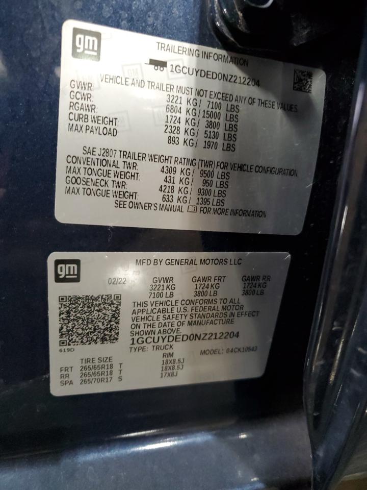 2022 CHEVROLET SILVERADO LTD K1500 LT VIN:1GCUYDED0NZ212204