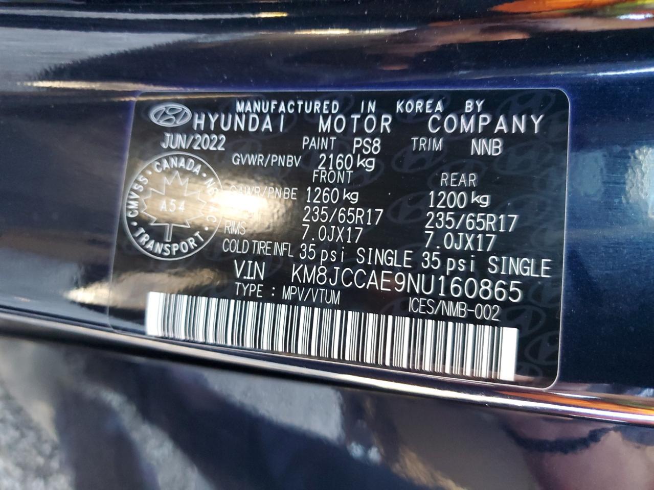 2022 HYUNDAI TUCSON SEL VIN:KM8JCCAE9NU160865