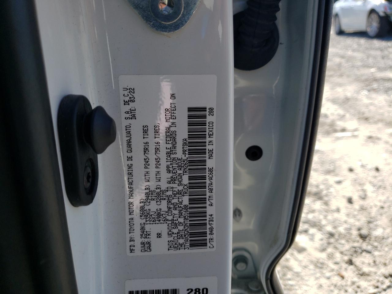 2022 TOYOTA TACOMA DOUBLE CAB VIN:3TYAX5GN3NT051600