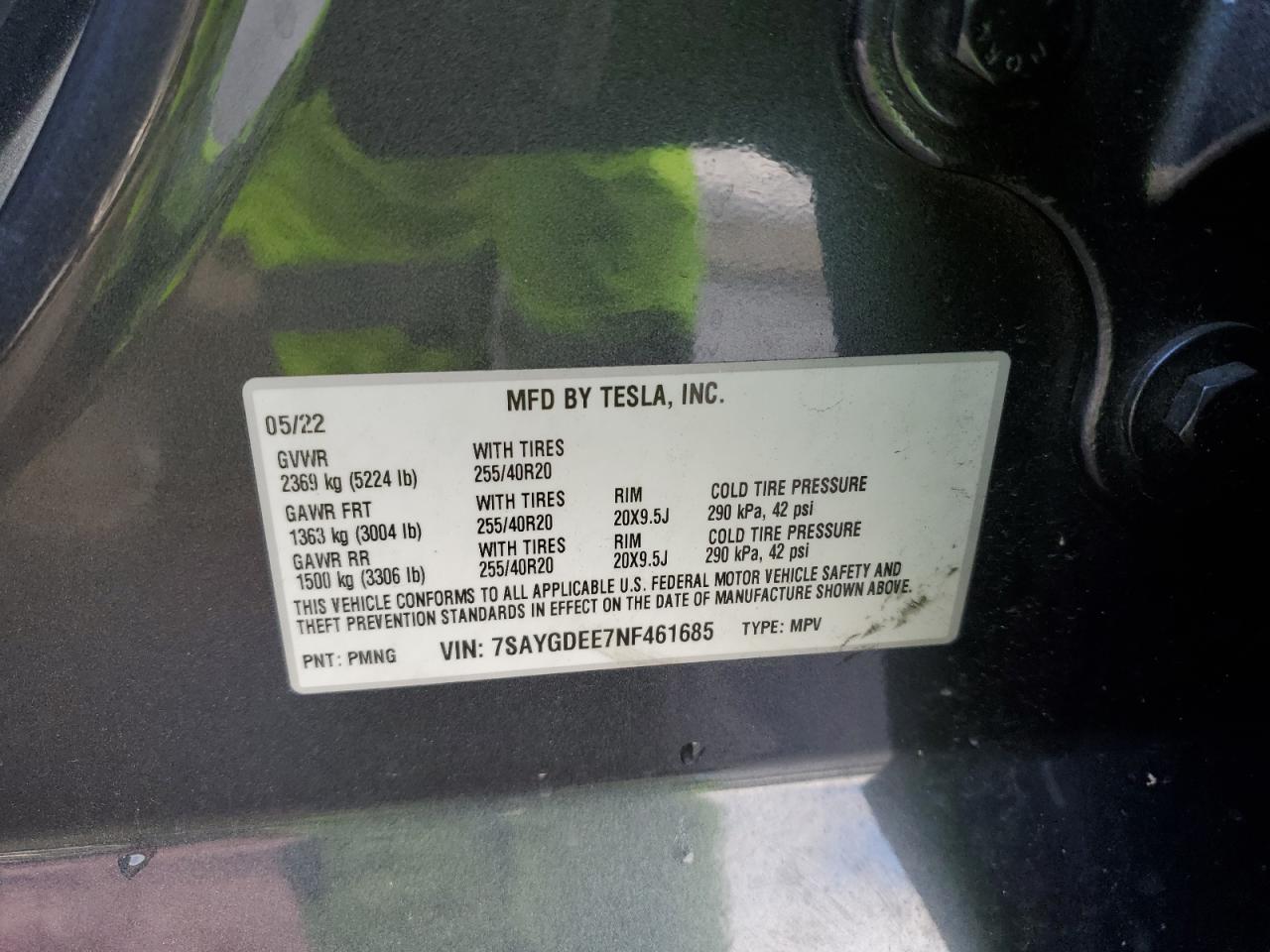 2022 TESLA MODEL Y  VIN:7SAYGDEE7NF461685