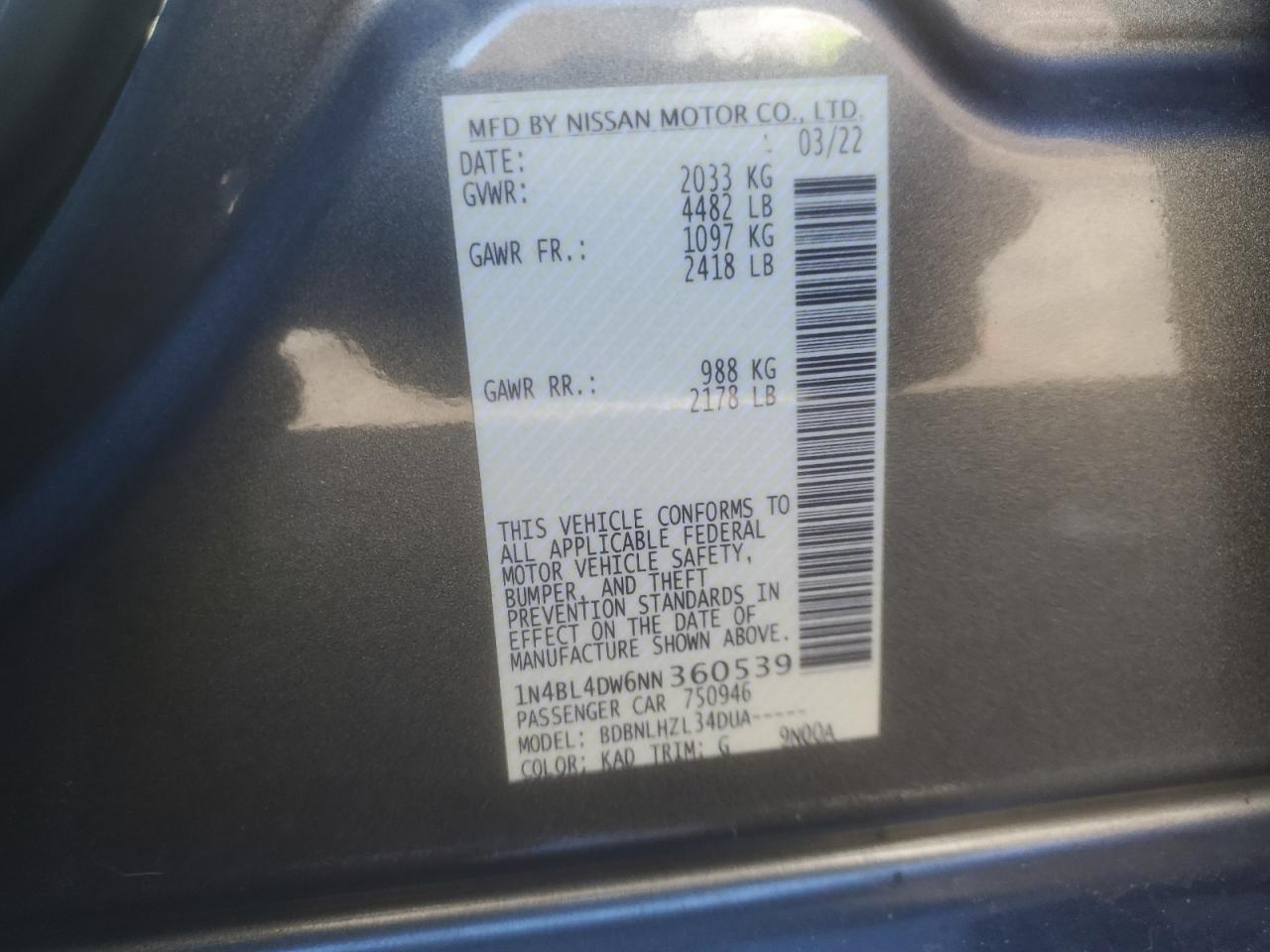 2022 NISSAN ALTIMA SV VIN:1N4BL4DW6NN360539