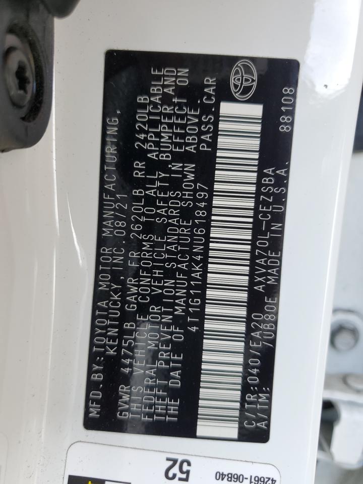 2022 TOYOTA CAMRY SE VIN:4T1G11AK4NU618497
