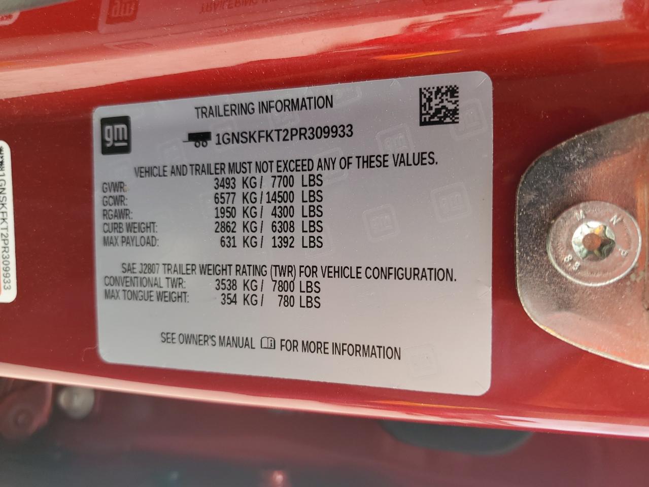 2023 CHEVROLET SUBURBAN K1500 PREMIER VIN:1GNSKFKT2PR309933