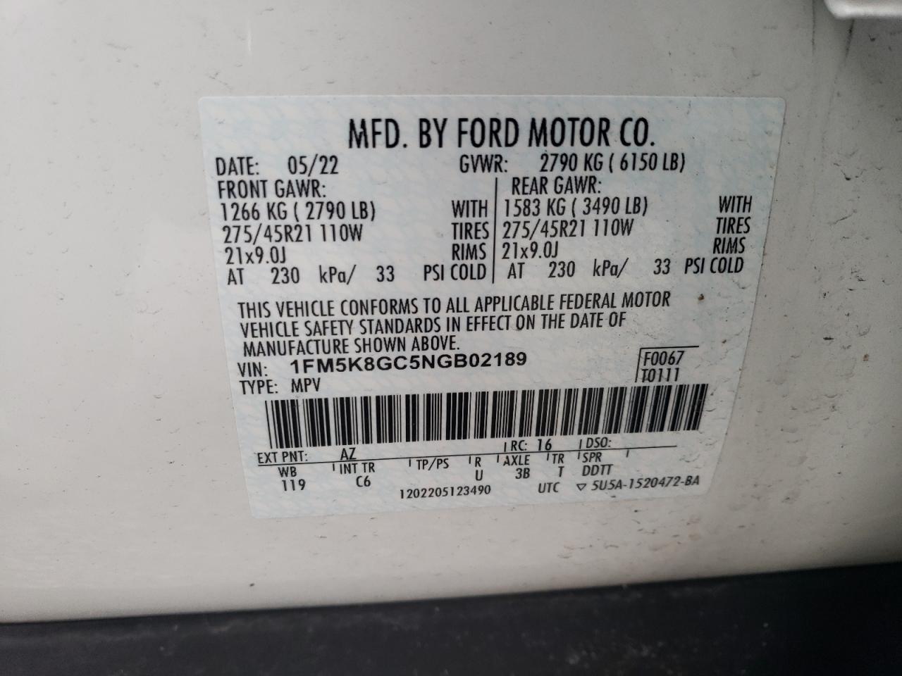 2022 FORD EXPLORER ST VIN:1FM5K8GC5NGB02189