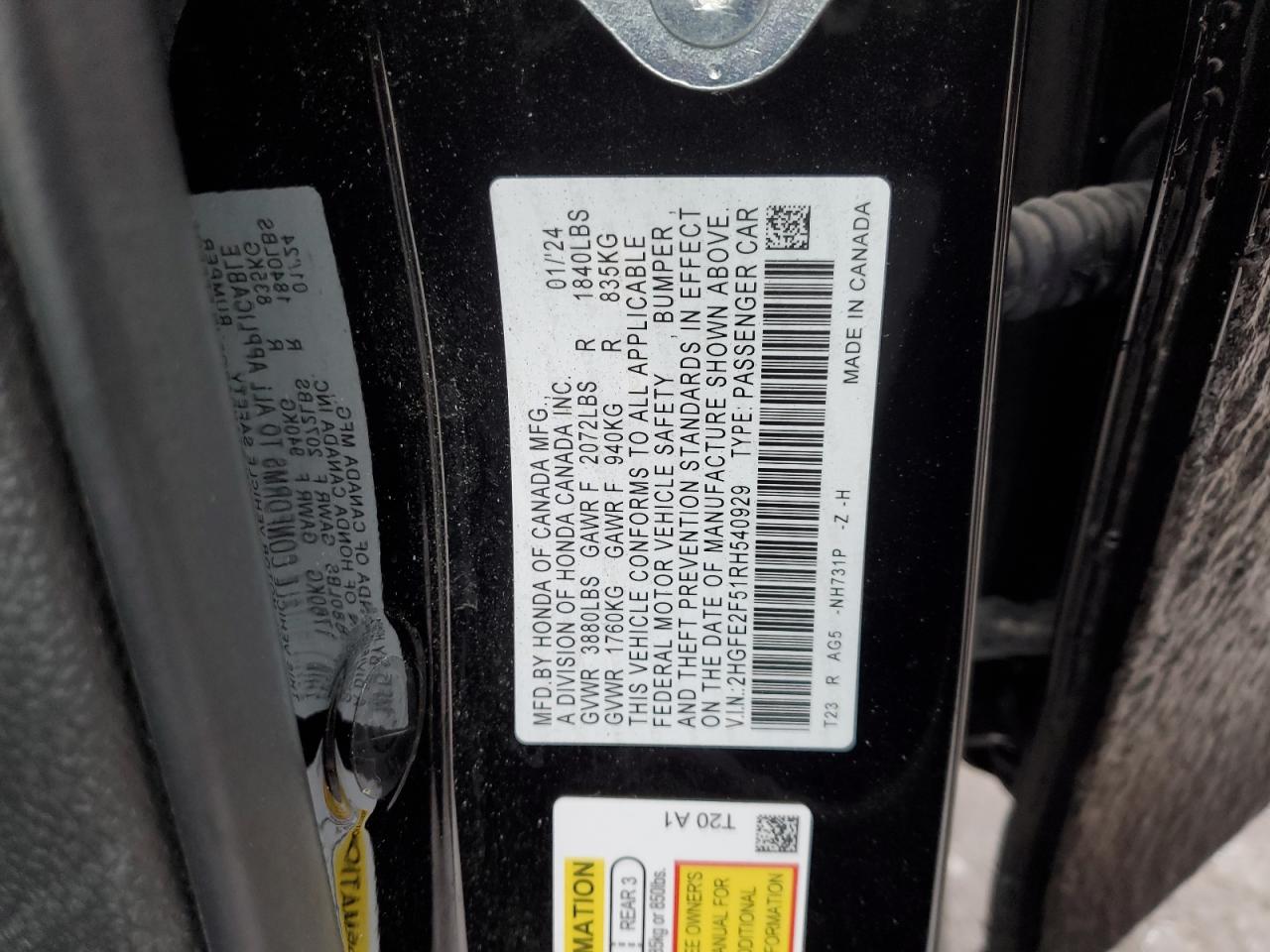 2024 HONDA CIVIC SPORT VIN:2HGFE2F51RH540929