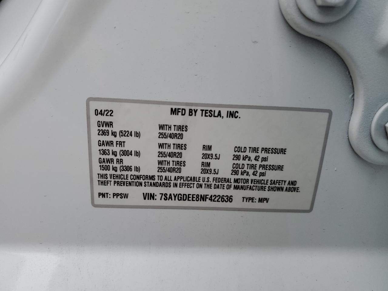 2022 TESLA MODEL Y  VIN:7SAYGDEE8NF422636