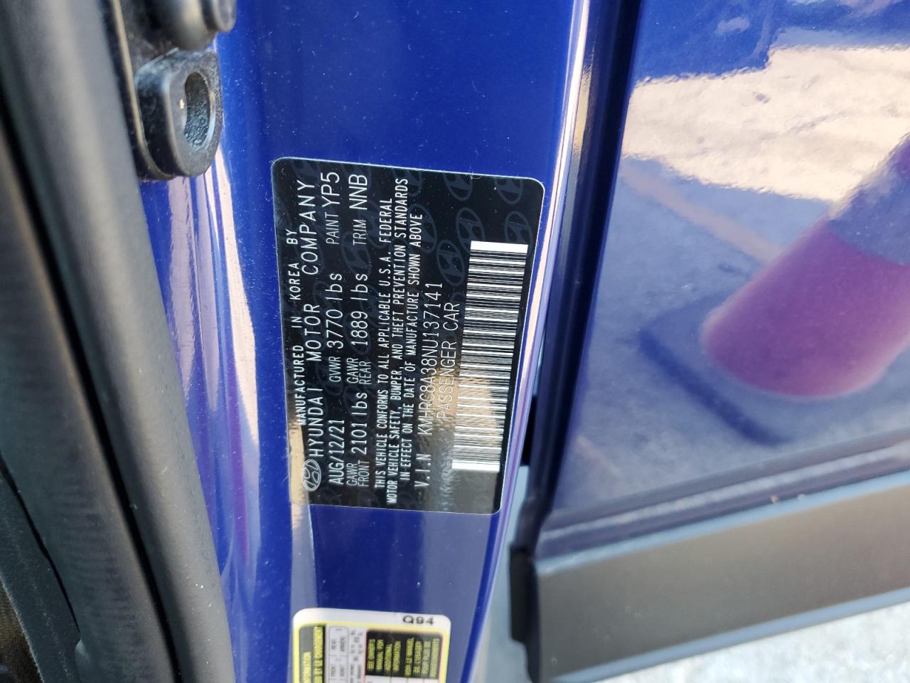 2022 HYUNDAI VENUE SEL VIN:KMHRC8A38NU137141