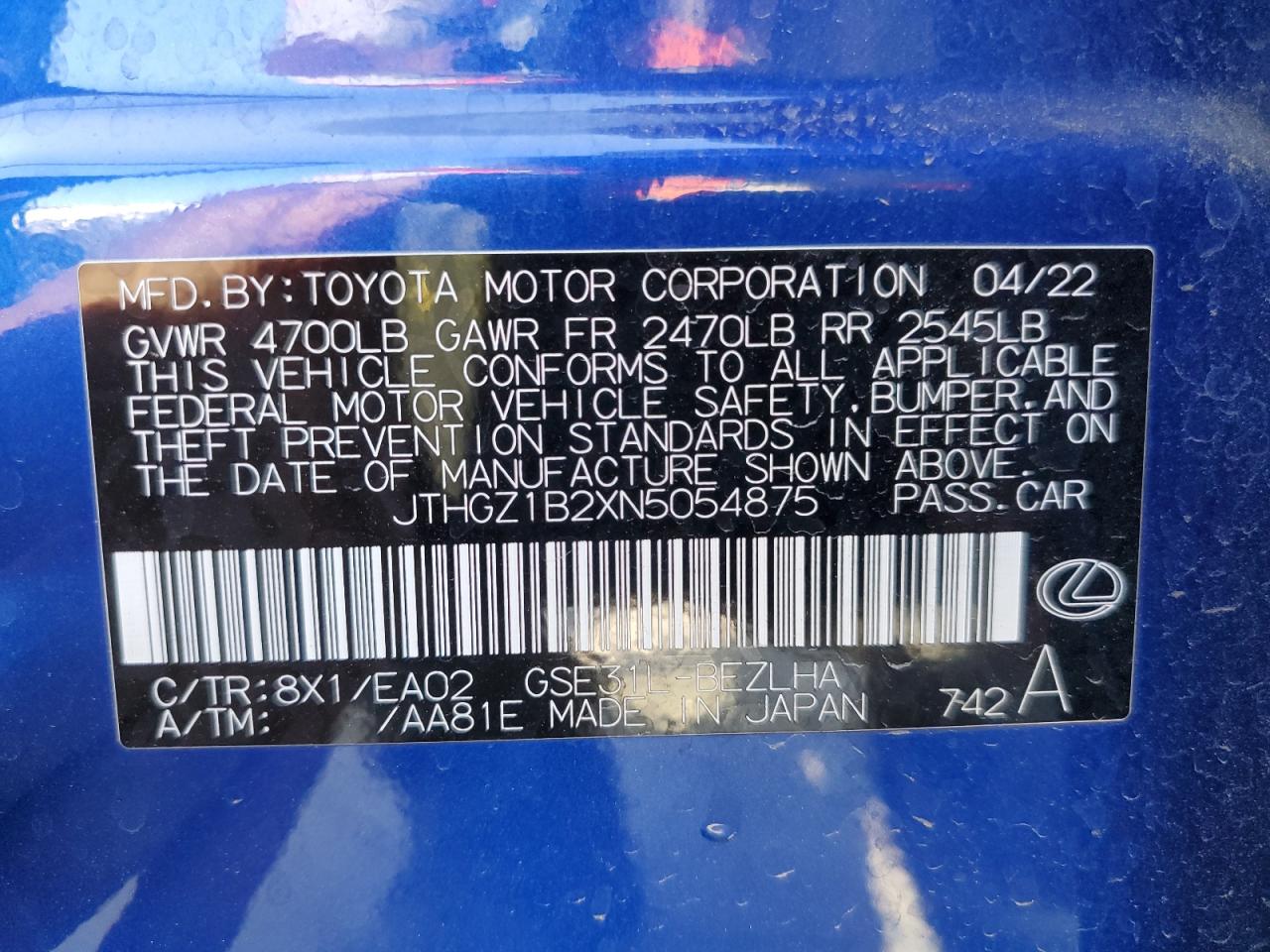 2022 LEXUS IS 350 F SPORT VIN:JTHGZ1B2XN5054875