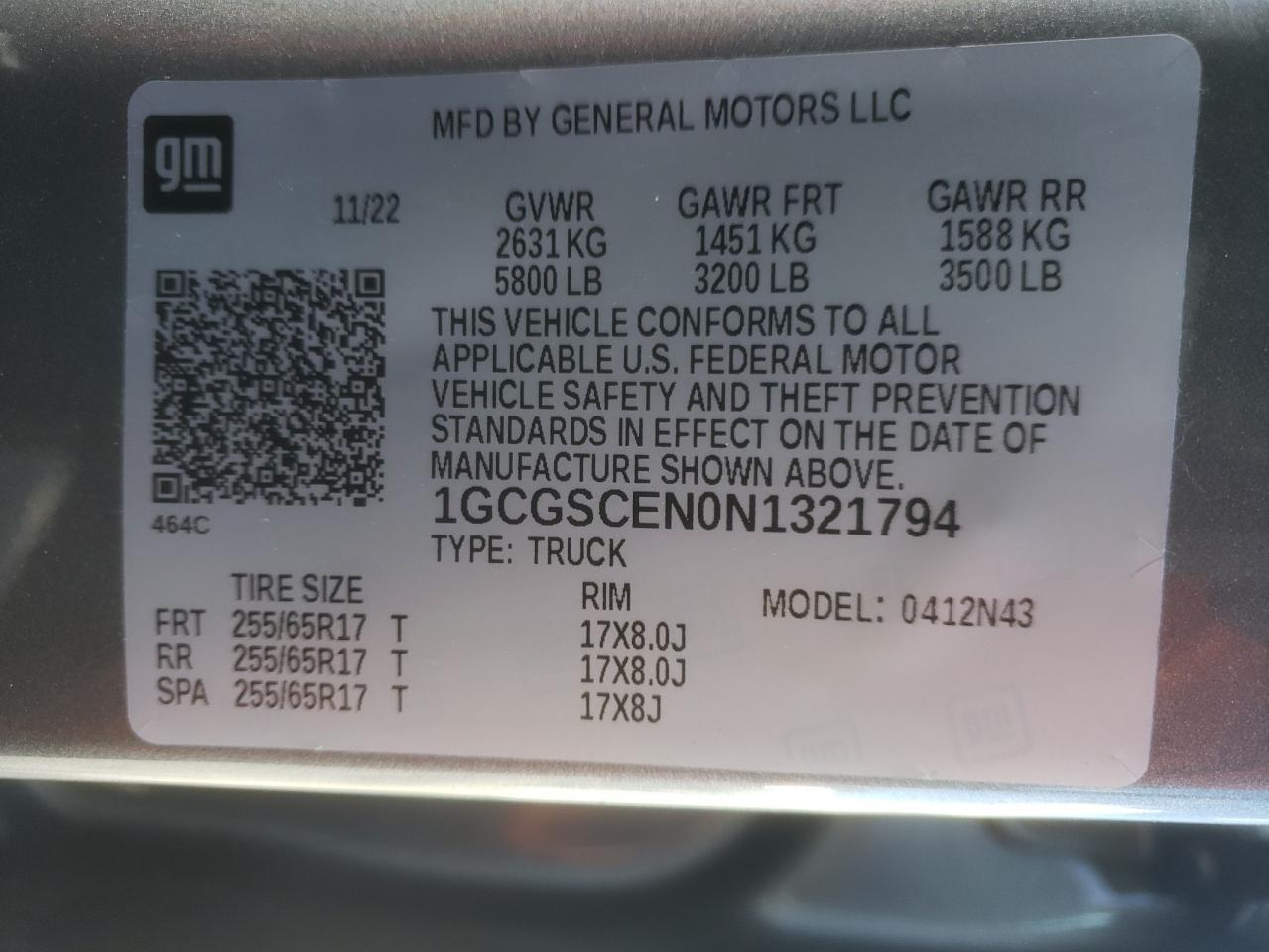 2022 CHEVROLET COLORADO LT VIN:1GCGSCEN0N1321794