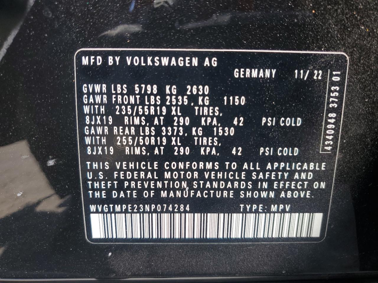 2022 VOLKSWAGEN ID.4 PRO S VIN:WVGTMPE23NP074284