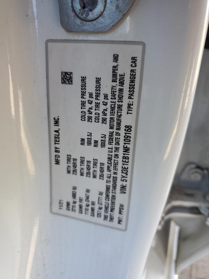 2022 TESLA MODEL 3  VIN:5YJ3E1EB1NF109168